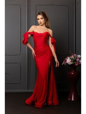 Red Gala Long Cowl Neck Off The Shoulder Trumpet Dress By May Queen MQ1858